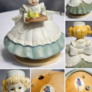 Vintage Girl Figurine Music Box Ceramic Dress Girl Holding Tray Wind Up